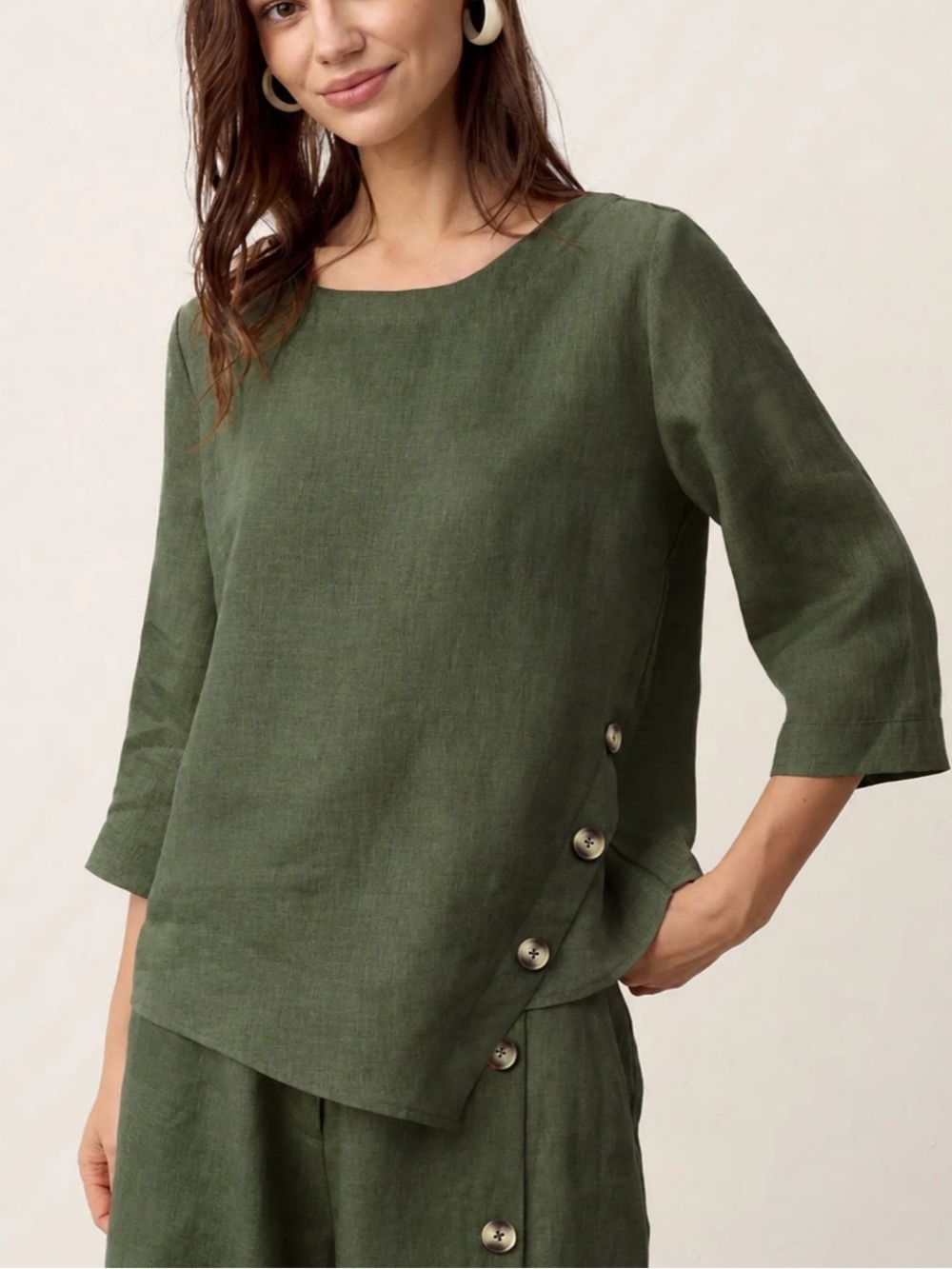 Lintico 100% Linen Asymmetric-Hem Button-Trim Top NYLA Forest Olive